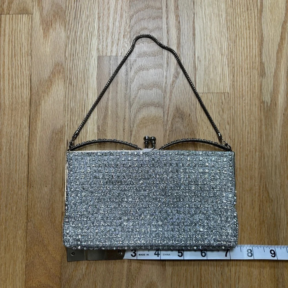Silver Mini Bag Evening Purse Diamond Bedazzled Short Handle Clutch